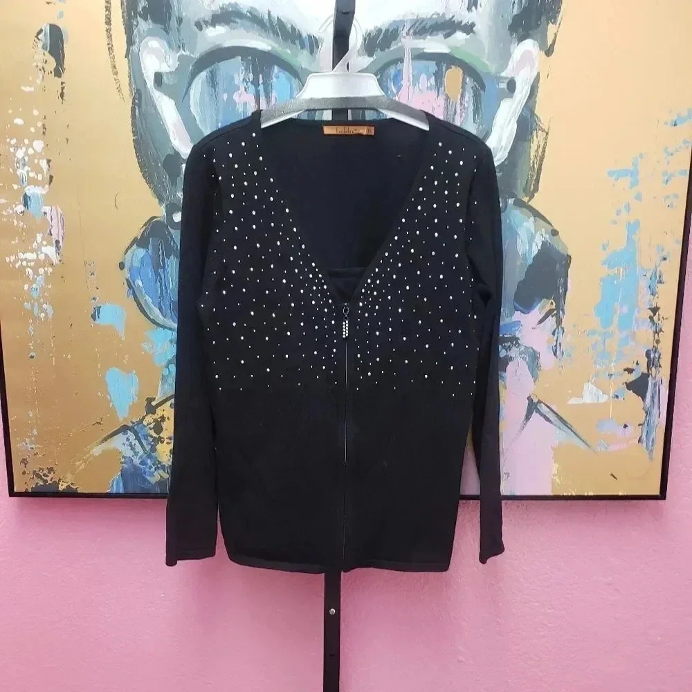 Belldini Black Rhinestone Embellished Zip front Cardigan and Tank